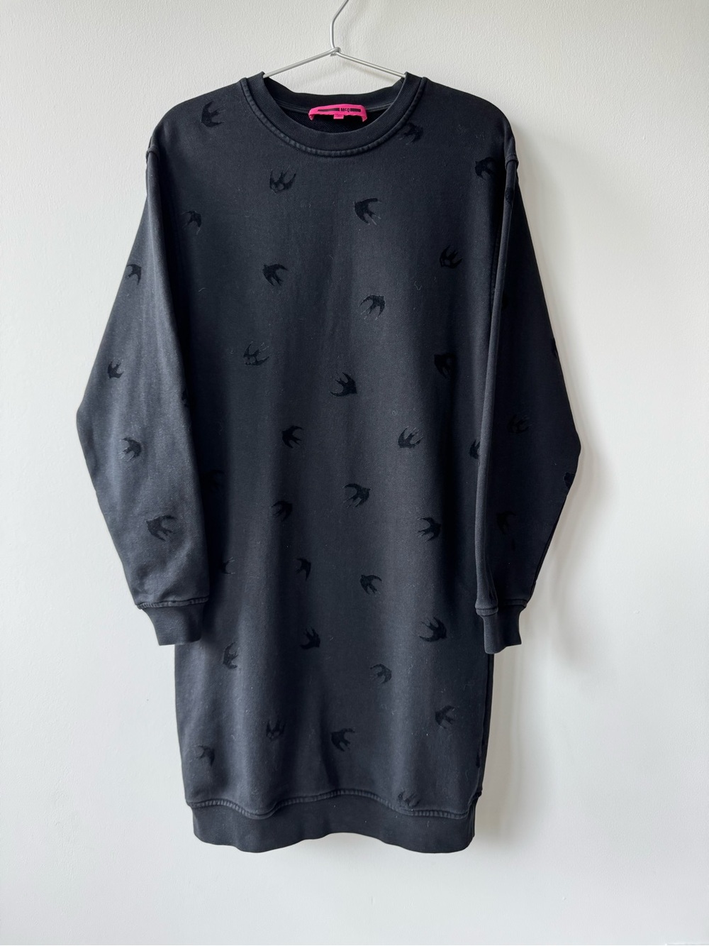 McQ by Alexander McQueen Black Mini Sweatshirt Dress with Tonal Swallow Motif